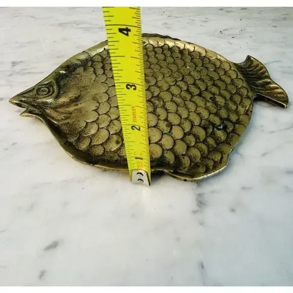 Vintage Brass Fish Shaped Trinket Dish Small Plate 8.5” Length 3D Scales Patina